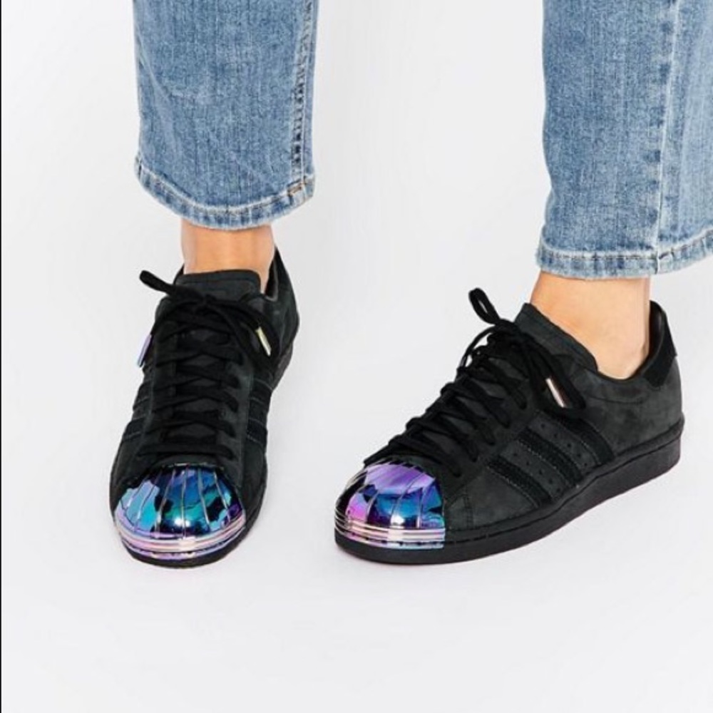 Adidas black superstars chrome toe